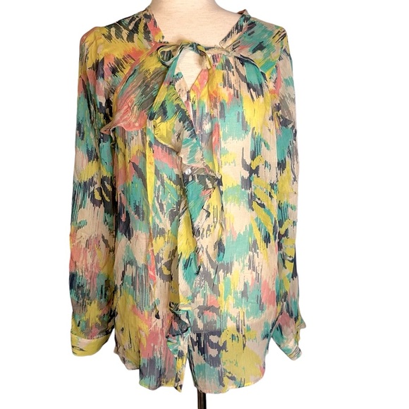Sundance Cream Pink Teal Yellow‎ Abstract Print Ruffle Front Silk Blouse Large - Picture 1 of 9